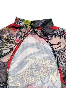 Detail view of a sexy open back printed mesh jumpsuit with colorful koi fish pattern