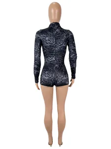 Detailed back view of a stylish long-sleeved grey leopard print slim-fit romper jumpsuit