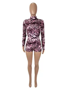 Detailed front view of a pink and black leopard print long sleeve slim fit romper.