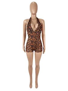 Sexy leopard print halter bodysuit with mesh fabric and deep V-neck front detail