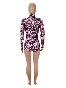 Back view of a sexy pink leopard print long sleeve slim fit bodysuit romper