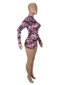 Side view profile of a sexy pink leopard print long-sleeve slim fit romper bodysuit