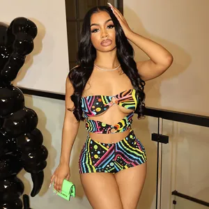 Sexy two-piece graffiti print outfit with cutout bandeau top and matching fitted shorts