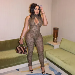 Sexy leopard print mesh halter jumpsuit with chest cutout and bodycon fit for women fashion
