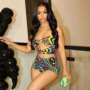 Close-up of the vibrant colorful graffiti print cutout bandeau top and shorts set
