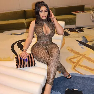 Detailed macro view of sexy leopard print mesh jumpsuit featuring a stylish hollow chest design