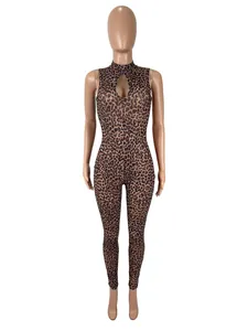 Sexy leopard print mesh jumpsuit with chest cutout and tight fit for women's party wear