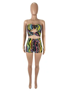 Detailed view of sexy colorful graffiti print two-piece set with ring cutout top