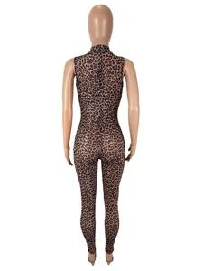 Back view of a sexy leopard print mesh sleeveless bodysuit jumpsuit with a high neck