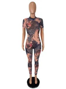 Sexy full-length sheer mesh jumpsuit for women with intricate graphic print pattern