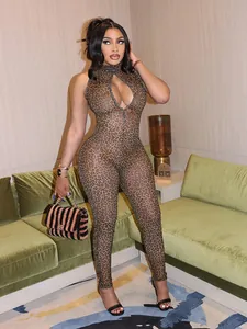 Women's Sexy Leopard Print Mesh Jumpsuit Hollow Out Sleeveless Slim Fit Bodycon Long Pants Romper Clubwear