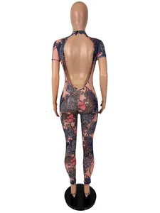 Back view of a sexy backless mesh jumpsuit with vintage floral print pattern for women