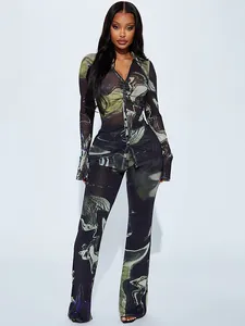 Conjunto de Dos Piezas Casual para Mujer Estampado de Mármol Manga Larga con Botones Solapa y Pantalones Streetwear