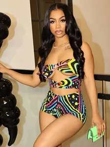 Sexy colorful graffiti print two-piece set featuring cut-out O-ring bandeau top and shorts