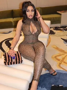Sexy leopard print mesh jumpsuit with hollow-out front and slim fit long pants design