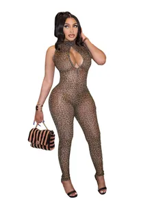 Sexy leopard print mesh jumpsuit with keyhole cutout and slim fit long pants for women