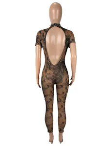 Rear view of sexy backless snake print sheer mesh jumpsuit on mannequin