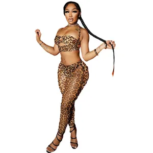 Conjunto sexy de dos piezas para mujer top corto con cuello halter y pantalones largos