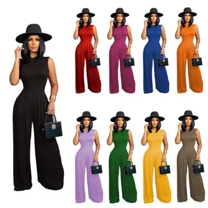Eleganter ärmelloser High-Waist Jumpsuit mit weitem Bein in neun verschiedenen Farben