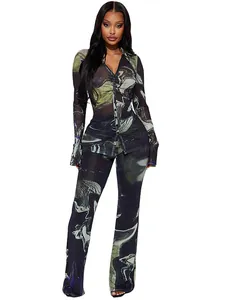 Conjunto de dos piezas para mujer con estampado de mármol abstracto, camisa y pantalón