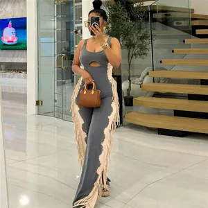 Stylish gray and beige contrast jumpsuit with side fringe details for casual wear