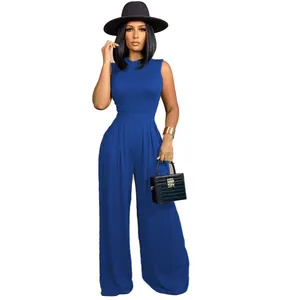 Elegant royal blue sleeveless jumpsuit set with wide leg trousers and high waist design