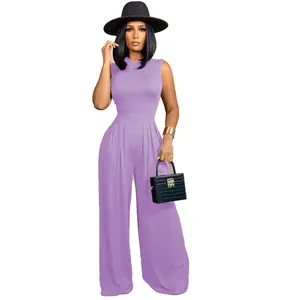 Eleganter lilafarbener ärmelloser Jumpsuit mit hoch taillierter weiter Hose für Damen