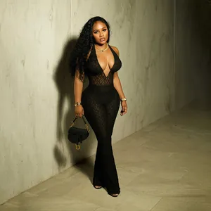 Sexy black lace backless jumpsuit featuring a deep V-neck and halter neckline design