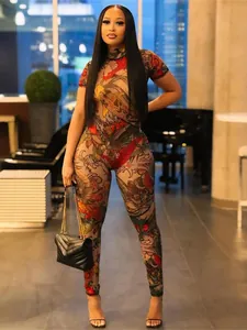 Sexy oriental print sheer mesh jumpsuit for women featuring a backless design and slim fit