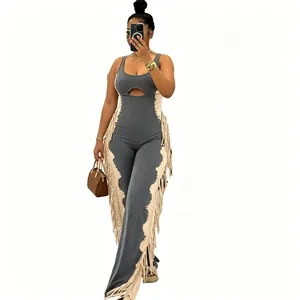 Stylish grey and beige two-tone jumpsuit with leg fringe detailing and chest cutout