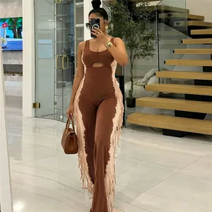Fashionable brown color-block jumpsuit with long tassel details and chest cutout design