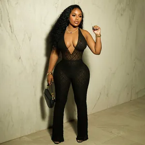 Sexy black lace halter jumpsuit featuring a deep V-neck and revealing open back design