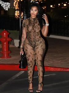 Elegant sexy snakeskin print sheer mesh bodysuit for women street style night fashion