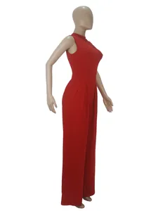 Red sleeveless bodysuit and wide-leg pants set for women in elegant solid color style
