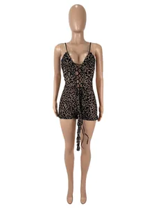 Detailed view of sexy leopard print mesh romper with front lace-up design