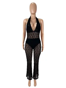 Front view of sexy halter deep V-neck black lace backless jumpsuit on mannequin stand