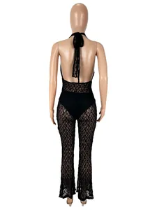 Detailed back view of a sexy black lace halter neck backless jumpsuit with inner lining