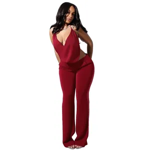 Ensemble sexy deux pièces haut dos nu bordeaux et pantalon large à taille haute