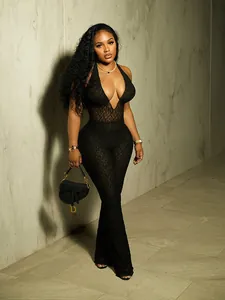 Sexy Halter Deep V-Neck Lace Backless Jumpsuit For Women Polyester Mesh Cutout Skinny Long Jumpsuit Elegant Party Clubwear