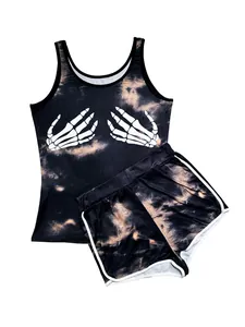 Σετ δύο τεμαχίων μαύρο tie-dye φανελάκι και σορτς με τύπωμα χεριού σκελετού για γυναίκες