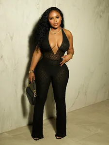 Sexy black lace halter neck deep V jumpsuit with built-in shorts for elegant women
