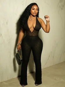 Chic black lace halter jumpsuit featuring a sexy deep V-neckline and open back design