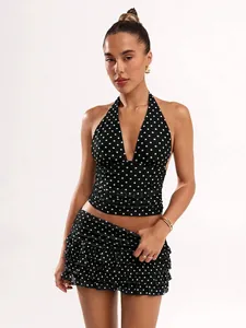 Women Polka Dot Print Halter Neck Top And Bottom Ruffle Trim Mini Skirt Sexy Clubwear Summer Beach Outfit