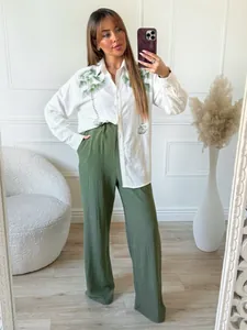 Women Casual Printed Long Sleeve Shirt And Wide Leg Pants Two Piece Set Loose Single Breasted Polyester Elegant Commuter Outfit