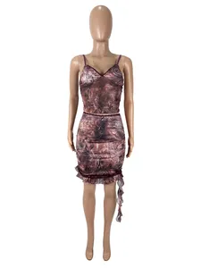 Detailed look at the sexy vintage mesh printed camisole and lace-trim mini skirt outfit set