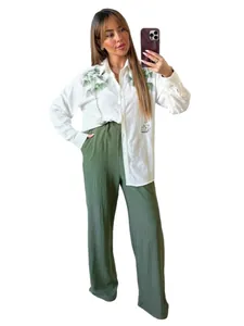 Women casual two-piece set with palm print shirt and green wide-leg pants outfit
