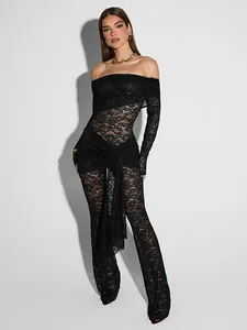 Dames Sexy Kant Splitsen Off-Shoulder Jumpsuit Lange Mouw Transparant Mesh One-Piece Floral Jumpsuit Party Clubwear Top And Bottom