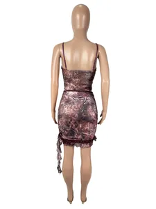 Back view of sexy vintage print mesh camisole and lace trim mini skirt two piece set