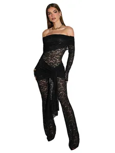 Elegante sexy zwarte kanten jumpsuit met blote schouders en lange mouwen voor dames