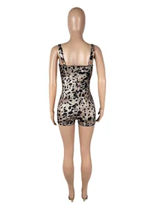 Detailed back view of a sexy slim fit leopard print romper with spaghetti straps